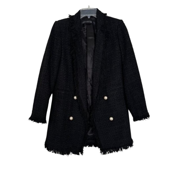 Zara Tweed Textured Boucle Pearl Button Blazer Jacket Black Size XS - Picture 4 of 15